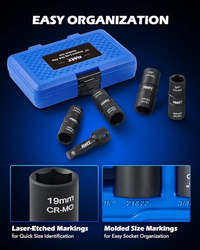 5pc 1/2" Drive Impact Flip Socket Set with Metric 17 19 21 22 mm & SAE 3/4 13/16 7/8 15/16 in. Sockets G436