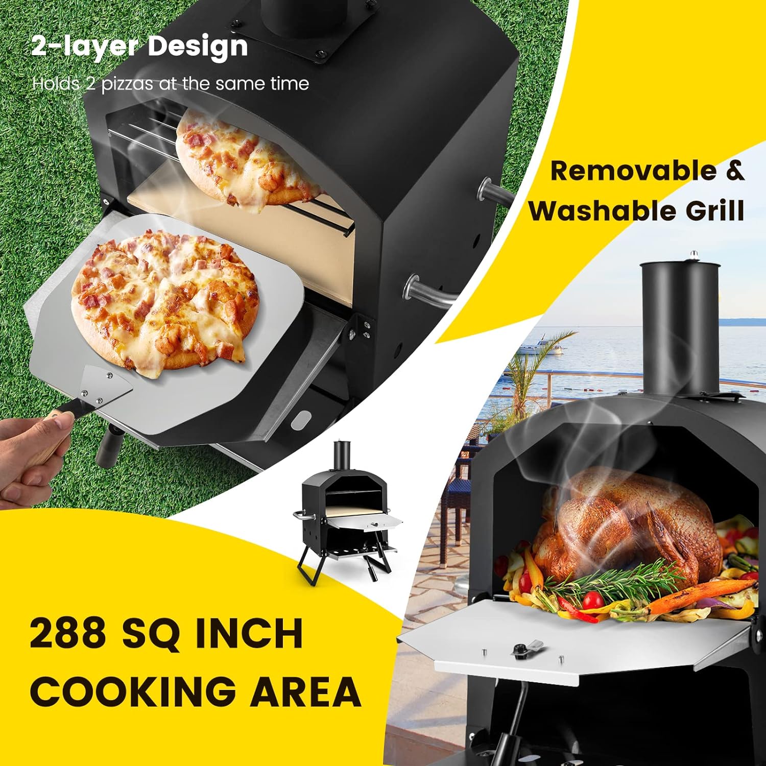 Outdoor Pizza Oven with Pizza Stone, Pizza Peel, Removable Cooking Rack, Waterproof Cover, Folding Legs (28 Inch) Q82589
