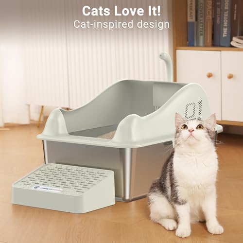 XL Stainless Steel Metal Litter Box with High Wall Sides and Lid Y1054