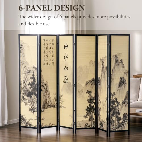 4-Panel Folding Bamboo Room Divider with Beige Wood Frame E974