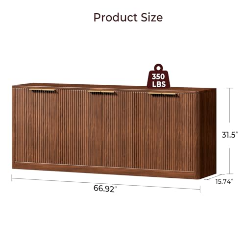 67" Fluted Oak Buffet Cabinet Sideboard with Storage, Large Credenza with 6 Doors E41086