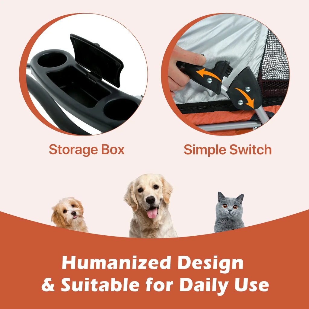Orange Folding Dog Stroller with 4 Wheels B370