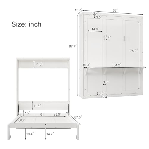 Queen Murphy Bed with 2 Side Cabinet Storage Shelf, Metal Frame, Brown D91055