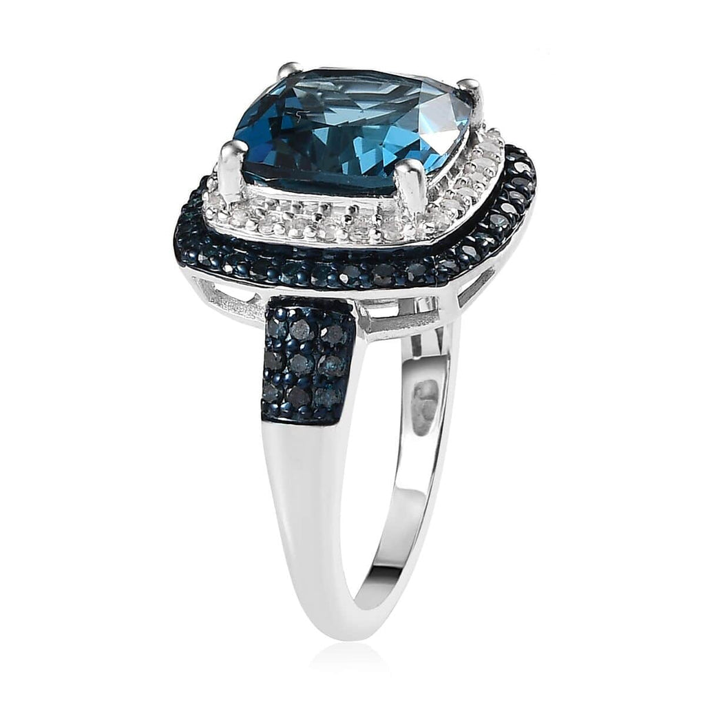 Blue Topaz Blue Diamond Cushion 925 Sterling Silver Platinum Plated Cocktail Ring Size 9 K746