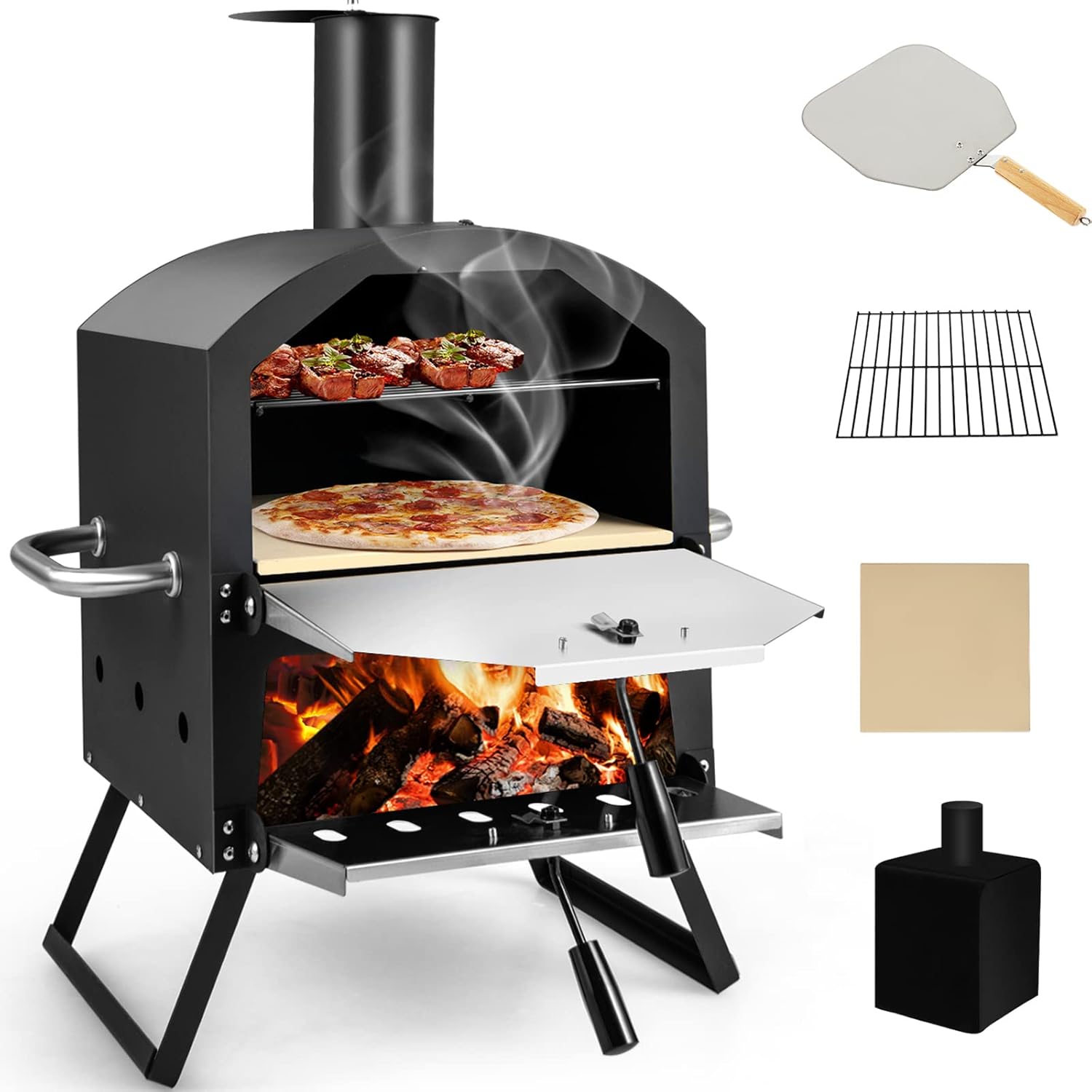 Outdoor Pizza Oven with Pizza Stone, Pizza Peel, Removable Cooking Rack, Waterproof Cover, Folding Legs (28 Inch) Q82589
