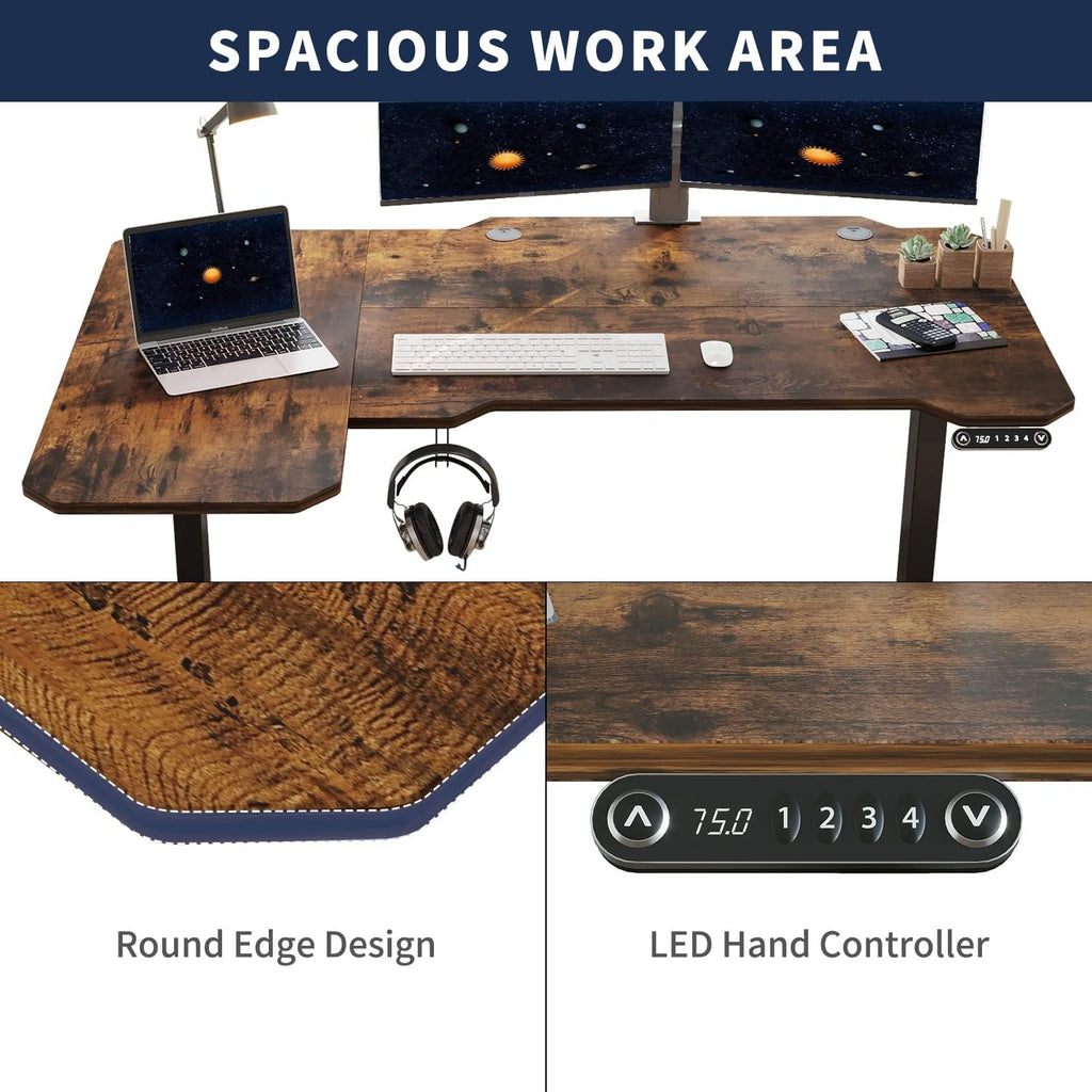 L Shaped Electric Height Adjustable Standing Desk with Black Frame & Rustic Brown Top K498