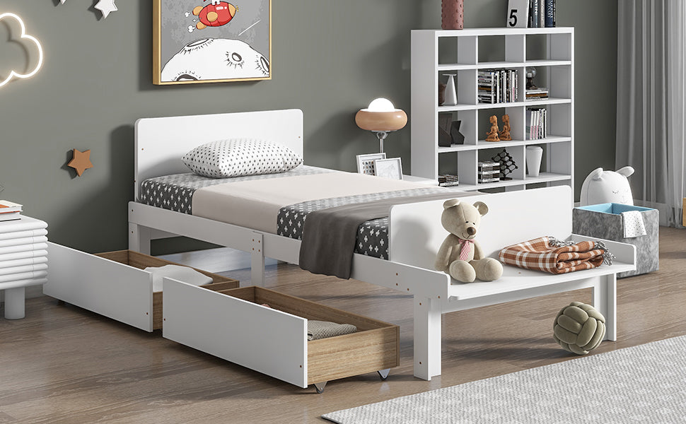 White Twin Size Wood Platform Bed Frame with Headboard and Footboard and 2 Storage Drawers X4446