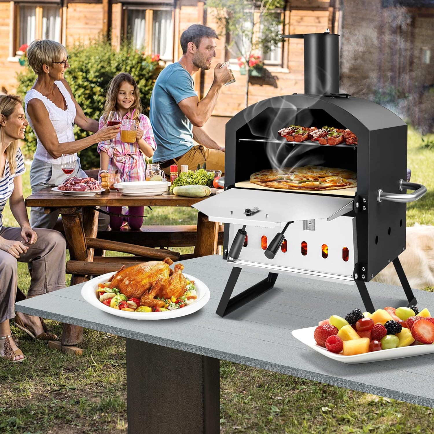 Outdoor Pizza Oven with Pizza Stone, Pizza Peel, Removable Cooking Rack, Waterproof Cover, Folding Legs (28 Inch) Q82589