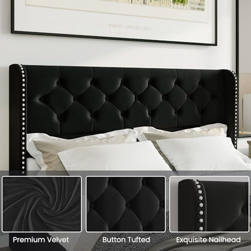 Black Velvet King Size Bed Frame with Storage Drawers and Tufted Headboard W1588