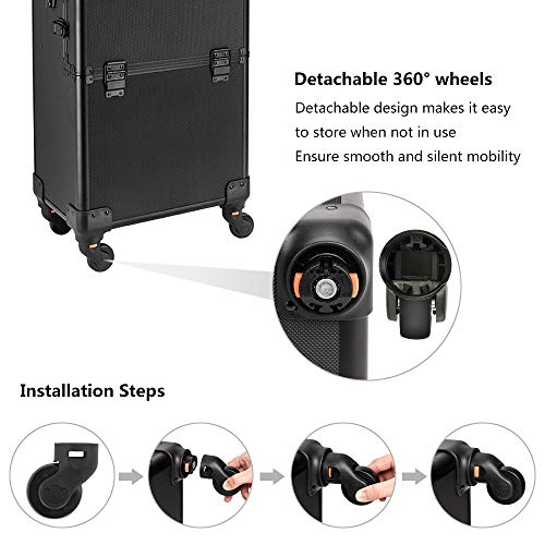 2 in 1 Rolling Makeup Train Case, Travel Makeup Organizer Cosmetic Display Case, Aluminum Cosmetology Supply Suitcase on Wheels, Beauty Storage Luggage Lockable w/4 Removable Wheels (Black) M599