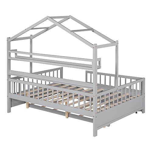 Pink Full Size Wooden House Bed with 2 Drawers A779