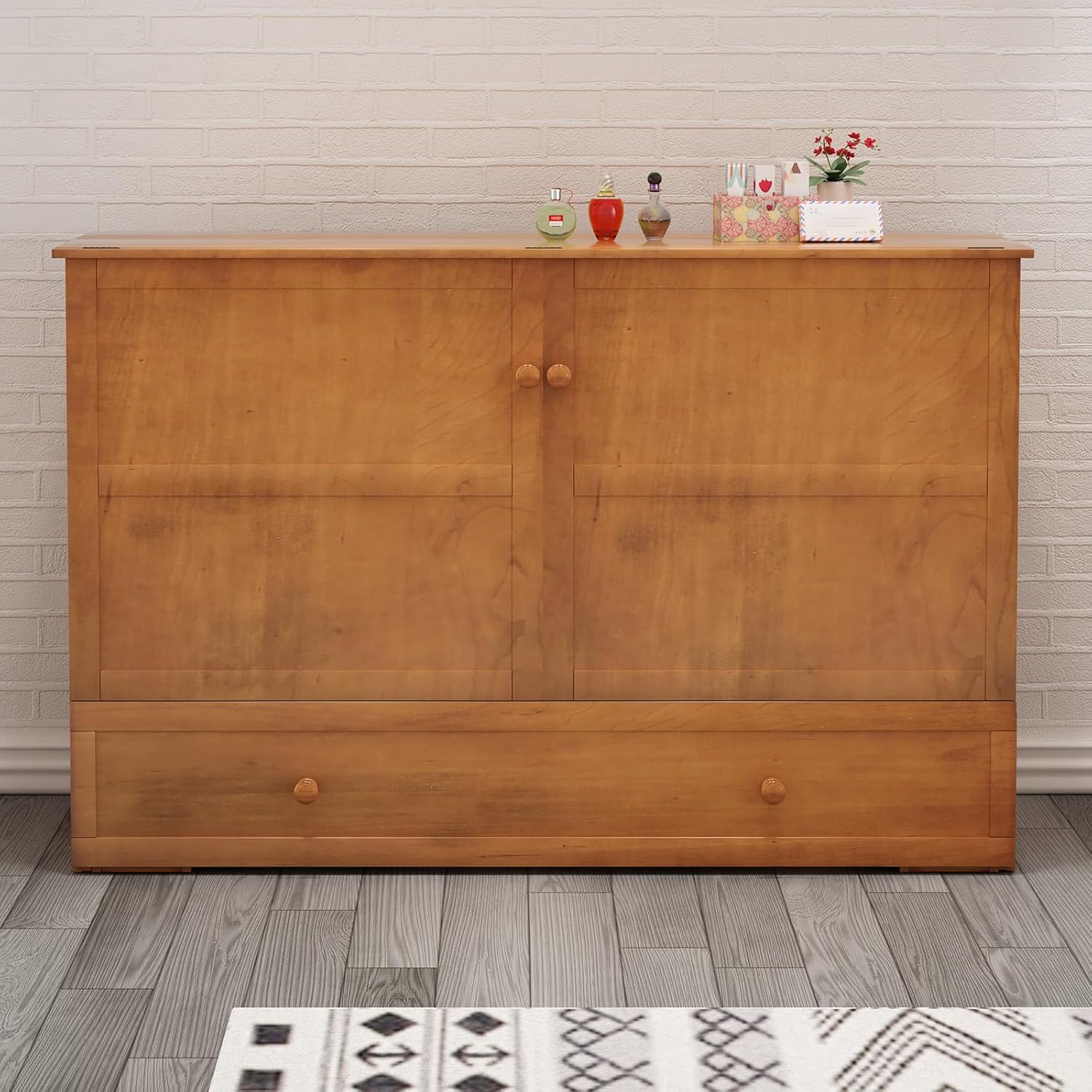 Queen Size Murphy Bed with Foldable Foam Mattress and Storage Drawer (Cherry) S894