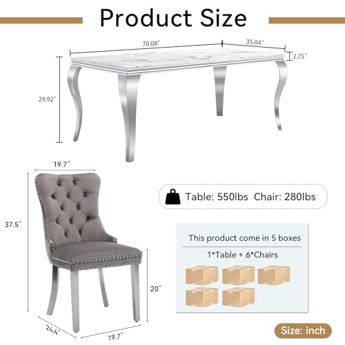 White Marble Dining Table Set for 6 with 6 Grey Velvet Chairs E784