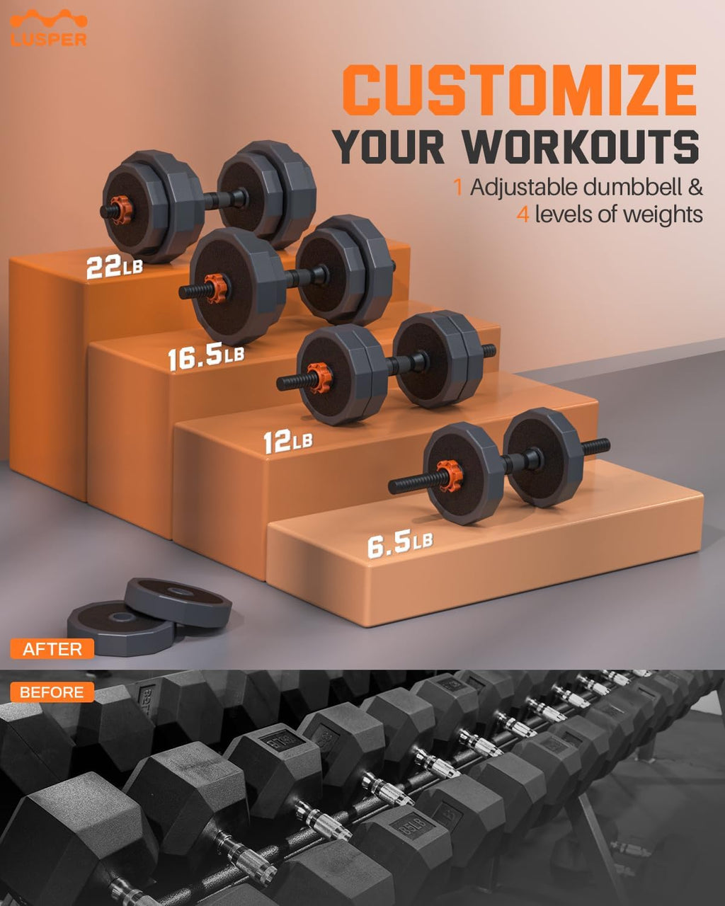 Weight Bench & Adjustable Dumbbells Set, 44LB Free Weights with Connector O699530