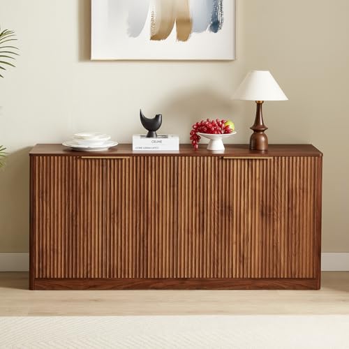 67" Fluted Oak Buffet Cabinet Sideboard with Storage, Large Credenza with 6 Doors E41086