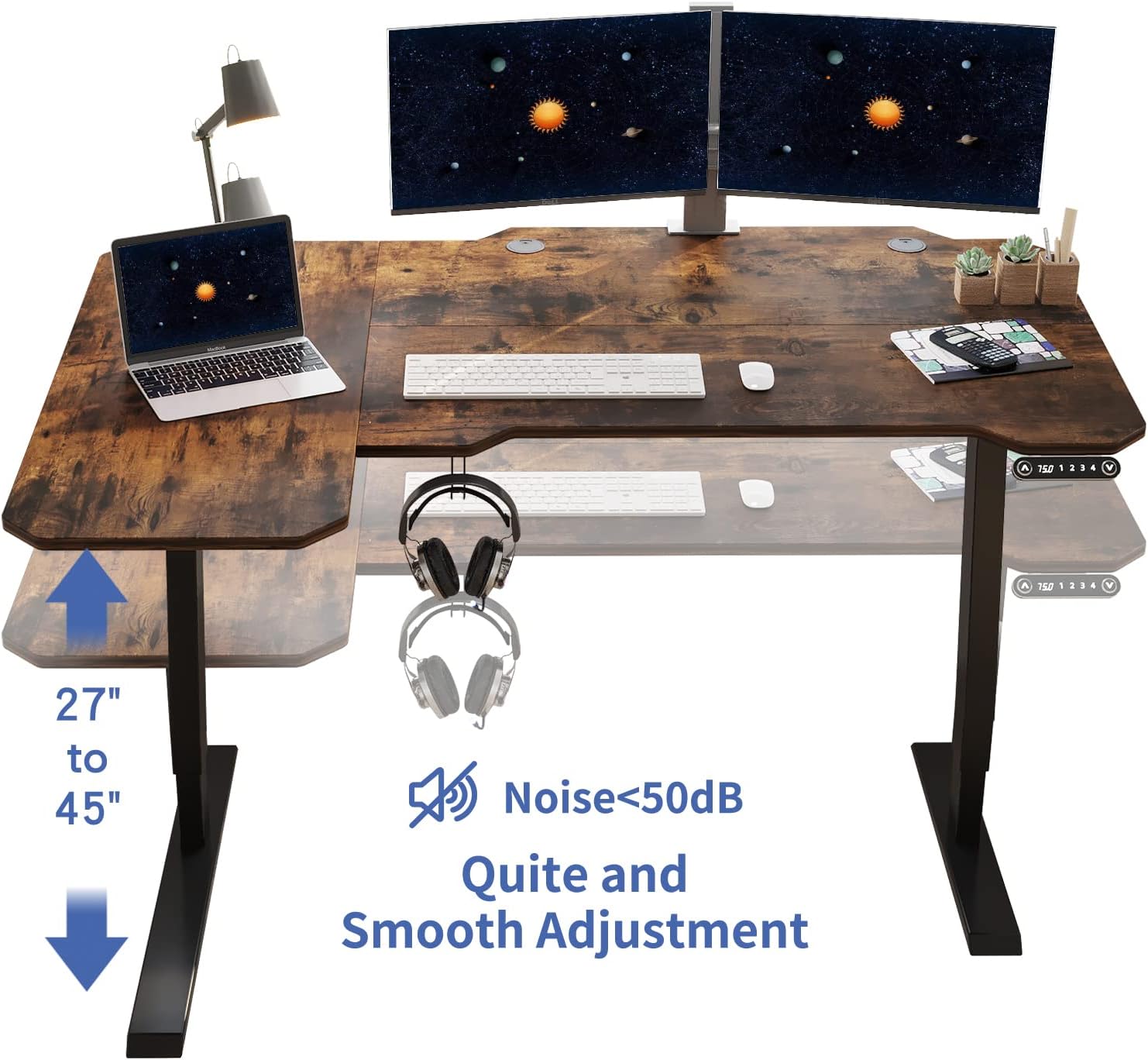L Shaped Electric Height Adjustable Standing Desk with Black Frame & Rustic Brown Top K498