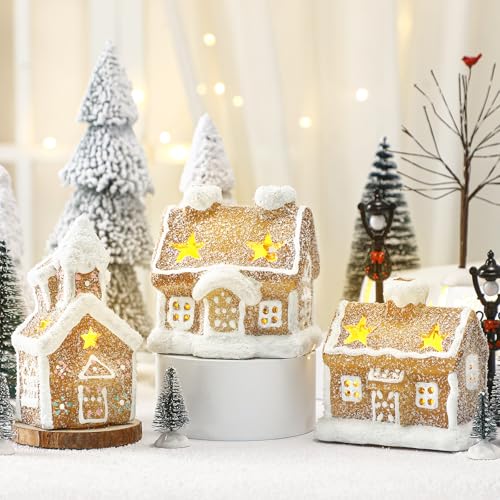17pcs LED Christmas Gingerbread Village Sets 3 Ceramic Gingerbread Houses 2 Birch Trees 10 Pine Trees 2 Streetlight Christmas Figurines Q822