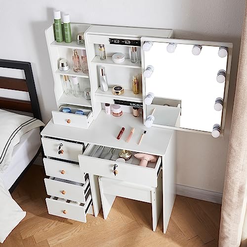 White 5 Drawer Vanity Desk with LED Lights and Mirror A643