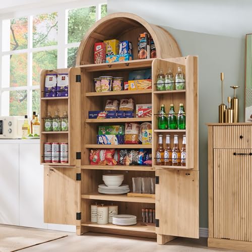 Natural Fluted Wood Storage Cabinet with Doors, 3 Adjustable Shelves, 6 Door Shelves O8039
