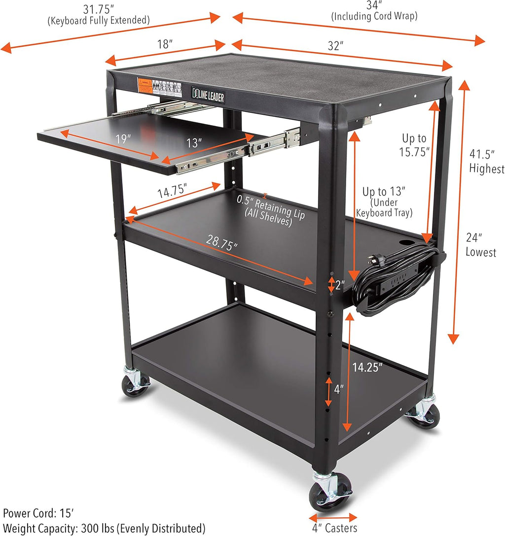 Large AV Cart with Retractable Keyboard Tray Height Adjustable Utility Cart Black 34in x 18in x 42in F128211