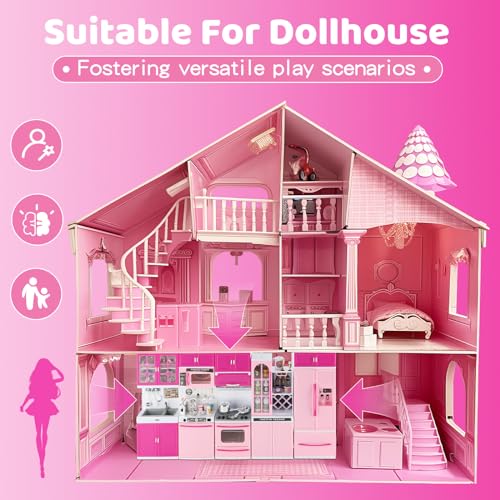 64 PCS Pink Kitchen Toys with Lights Sounds Doll Playset E410646