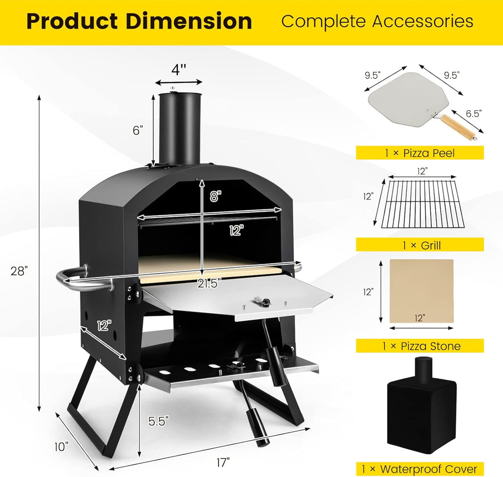Outdoor Pizza Oven with Pizza Stone, Pizza Peel, Removable Cooking Rack, Waterproof Cover, Folding Legs (28 Inch) Q82589