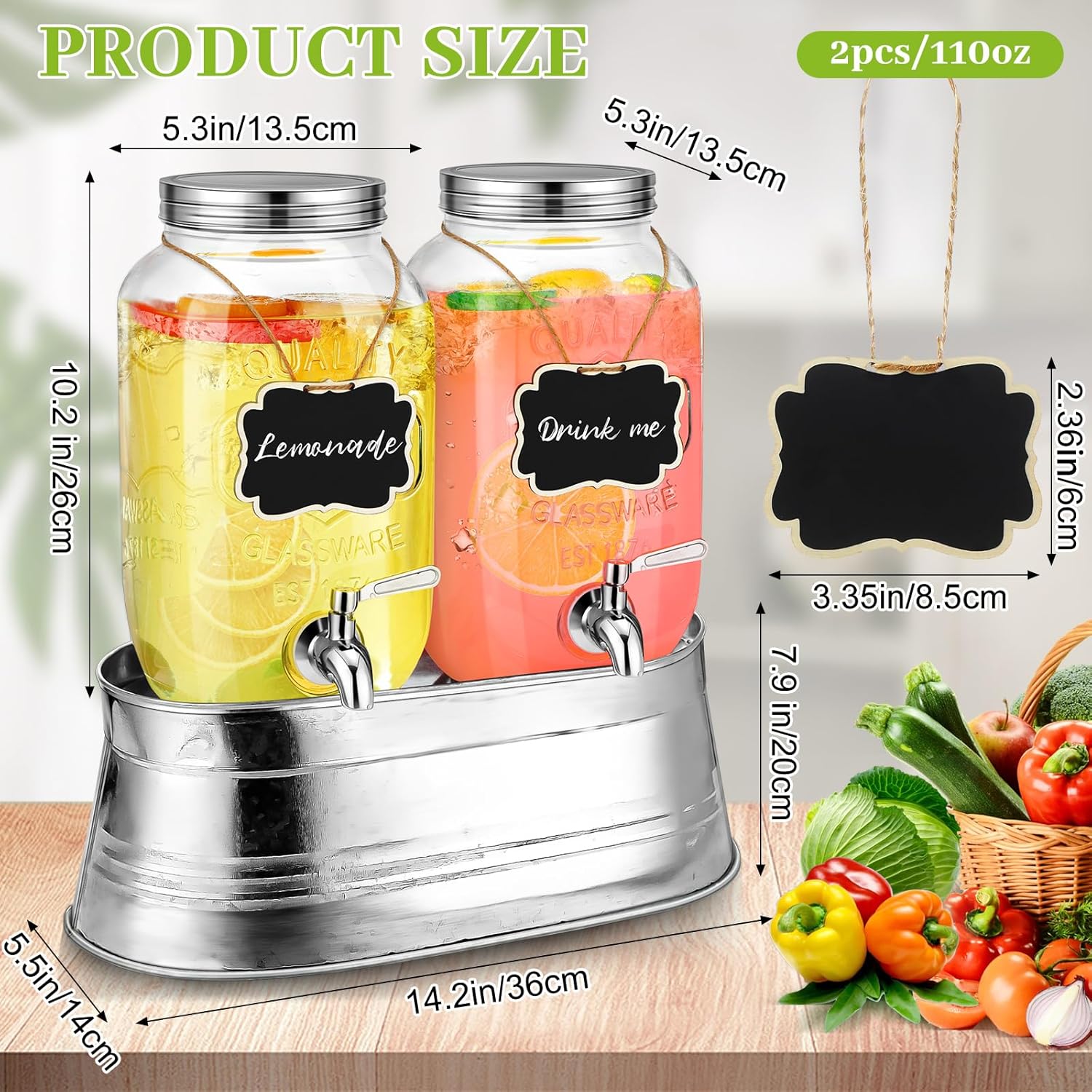 2 Pack 1 Gallon Glass Beverage Dispenser with Stand D674