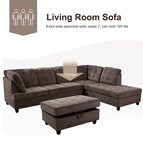 Brown Corduroy L Shaped Sectional Sofa Set with Ottoman M493708