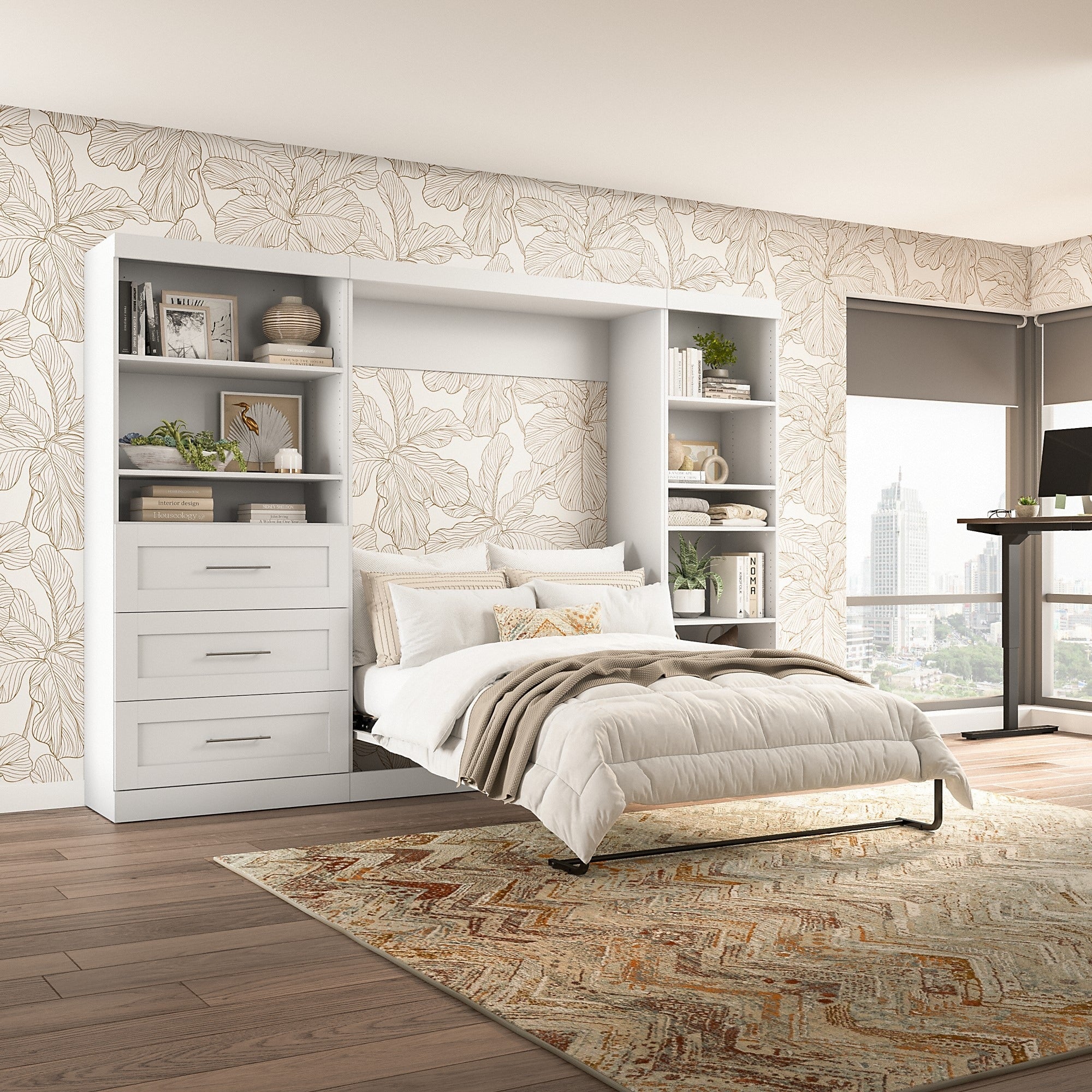 Rustic Brown Full Murphy Bed with Shelving and Drawers M2149