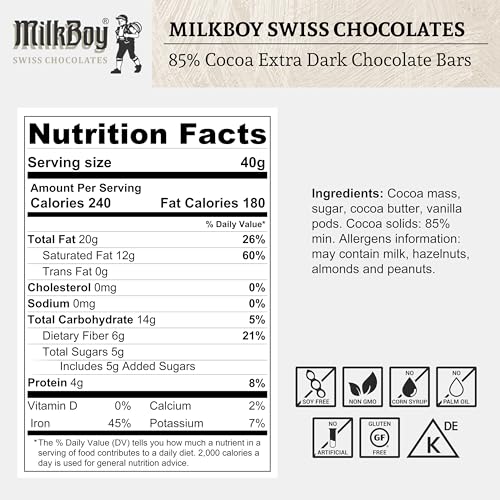 85% Cocoa Swiss Dark Chocolate, 3.5 oz, 5 Pack U490