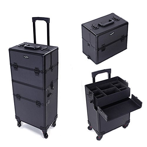 2 in 1 Rolling Makeup Train Case, Travel Makeup Organizer Cosmetic Display Case, Aluminum Cosmetology Supply Suitcase on Wheels, Beauty Storage Luggage Lockable w/4 Removable Wheels (Black) M599