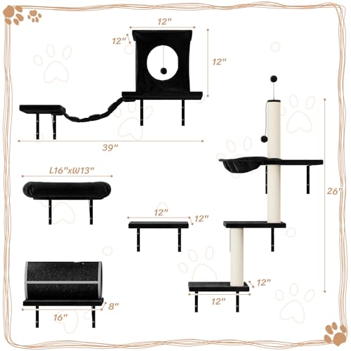 7-in-1 Wall Mounted Cat Climber Set with Cat House, Tunnel, Bridge, Tree, Steps, Scratcher Board and Hammock (Grey) S15306