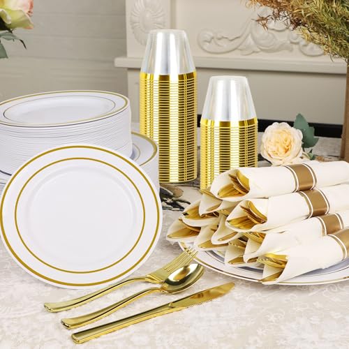 350PCS Gold Plastic Dinnerware Set with 100 Plates, 50 Cups, 50 Spoons, 50 Forks, 50 Knives U9314