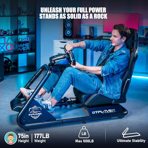 Racing Simulator Cockpit with Seat and Bluetooth Speakers, Alloy Steel Frame (Blue) W27068