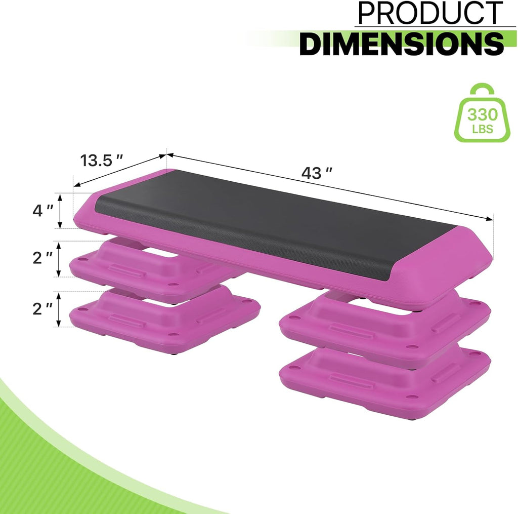 43-Inch Exercise Stepper Platform with Risers, Adjust Height 4 inch - 6 inch - 8 inch, Pink D146636
