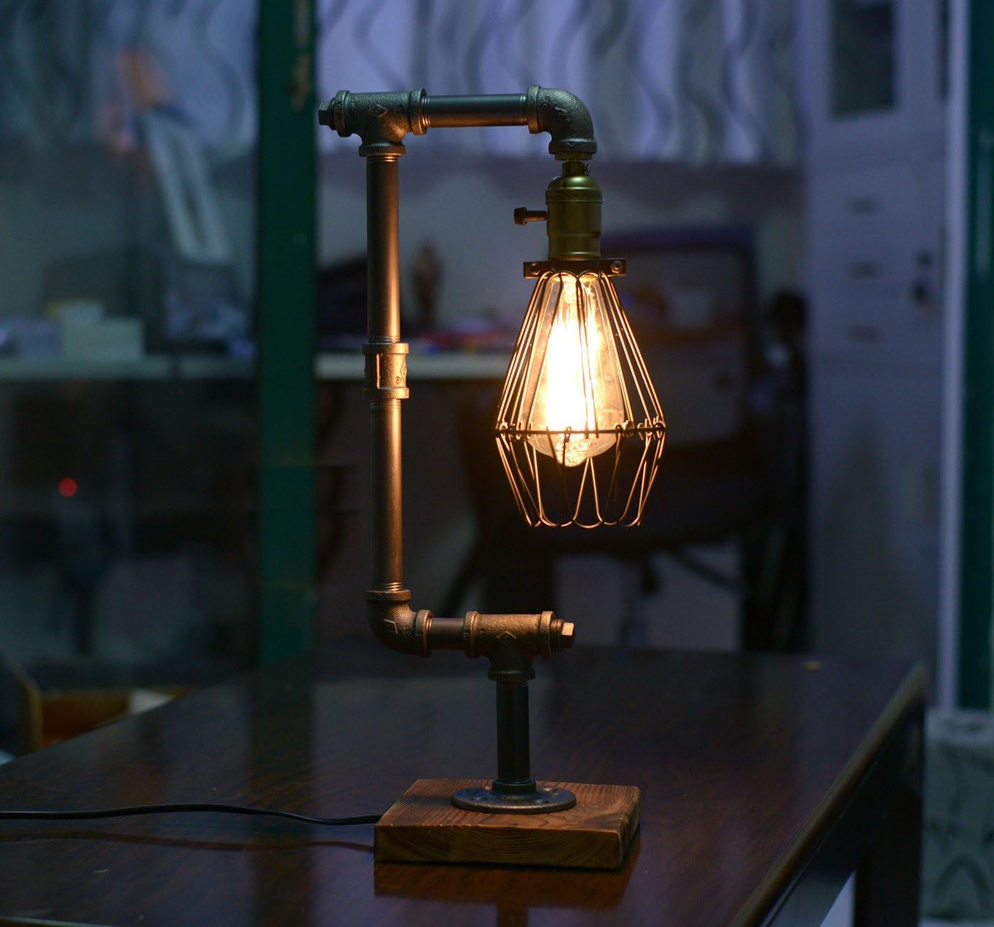Steampunk Water Piping Desk Top Table Lamp Real Wood Base Edison Iron Retro Lamp E89466