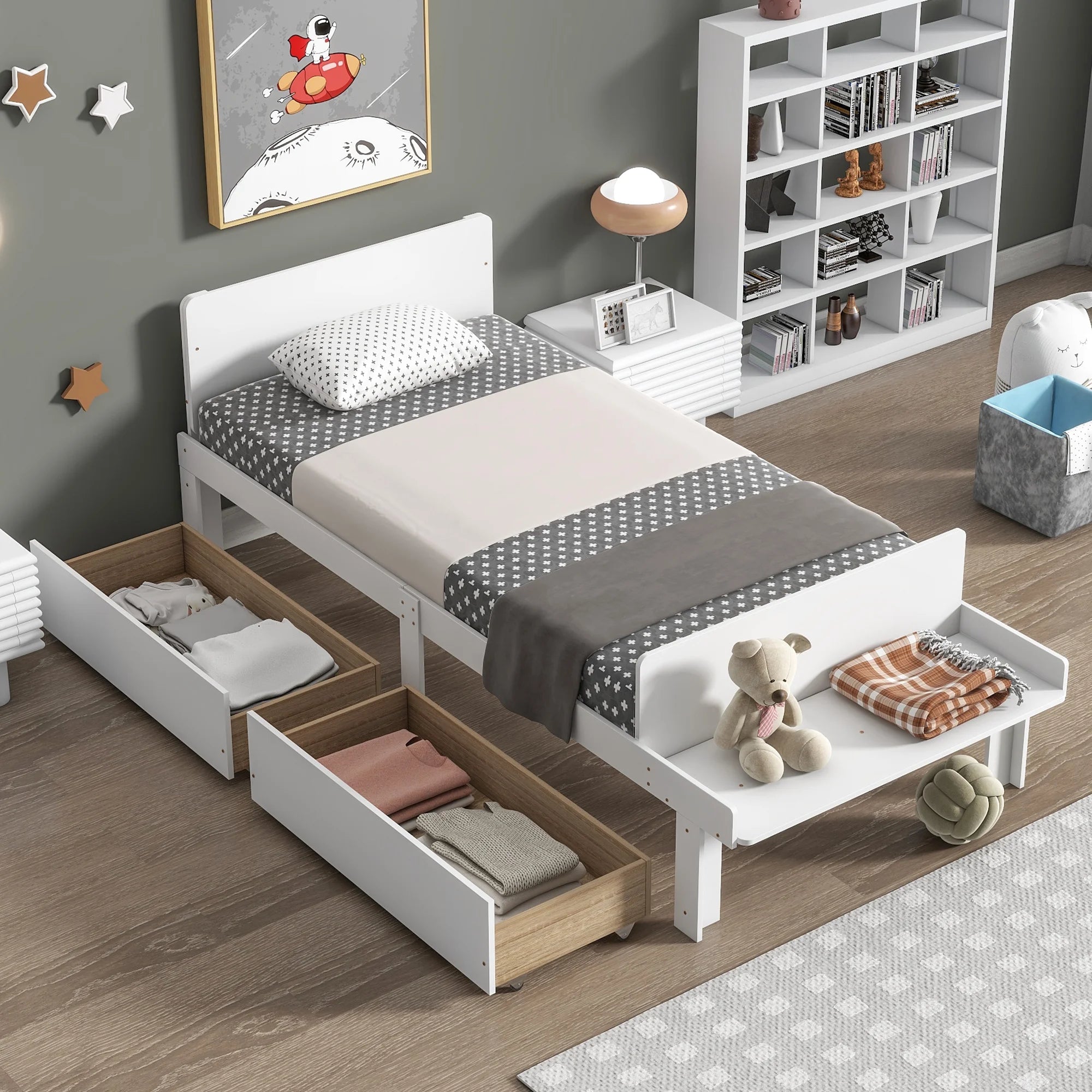 White Twin Size Wood Platform Bed Frame with Headboard and Footboard and 2 Storage Drawers X4446