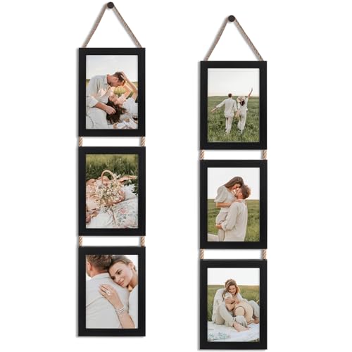 2 Pack Black 3 Openings Vertical Hanging Photo Frame Set for 5x7 inch Pictures K672