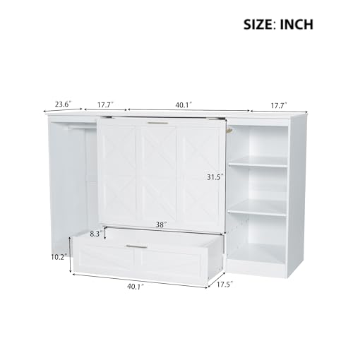 White Twin Size Murphy Bed with Storage Shelves and Wardrobe H51429