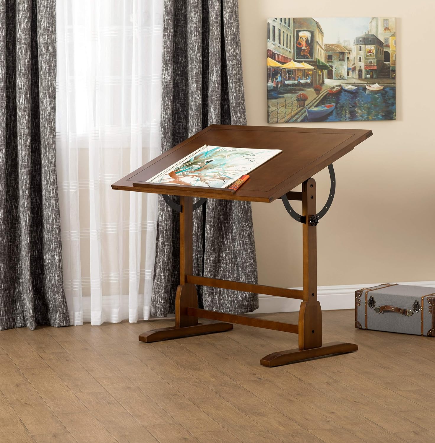 Vintage Drafting Table with Stool Bundle Solid Wood Craft Tables Q315718