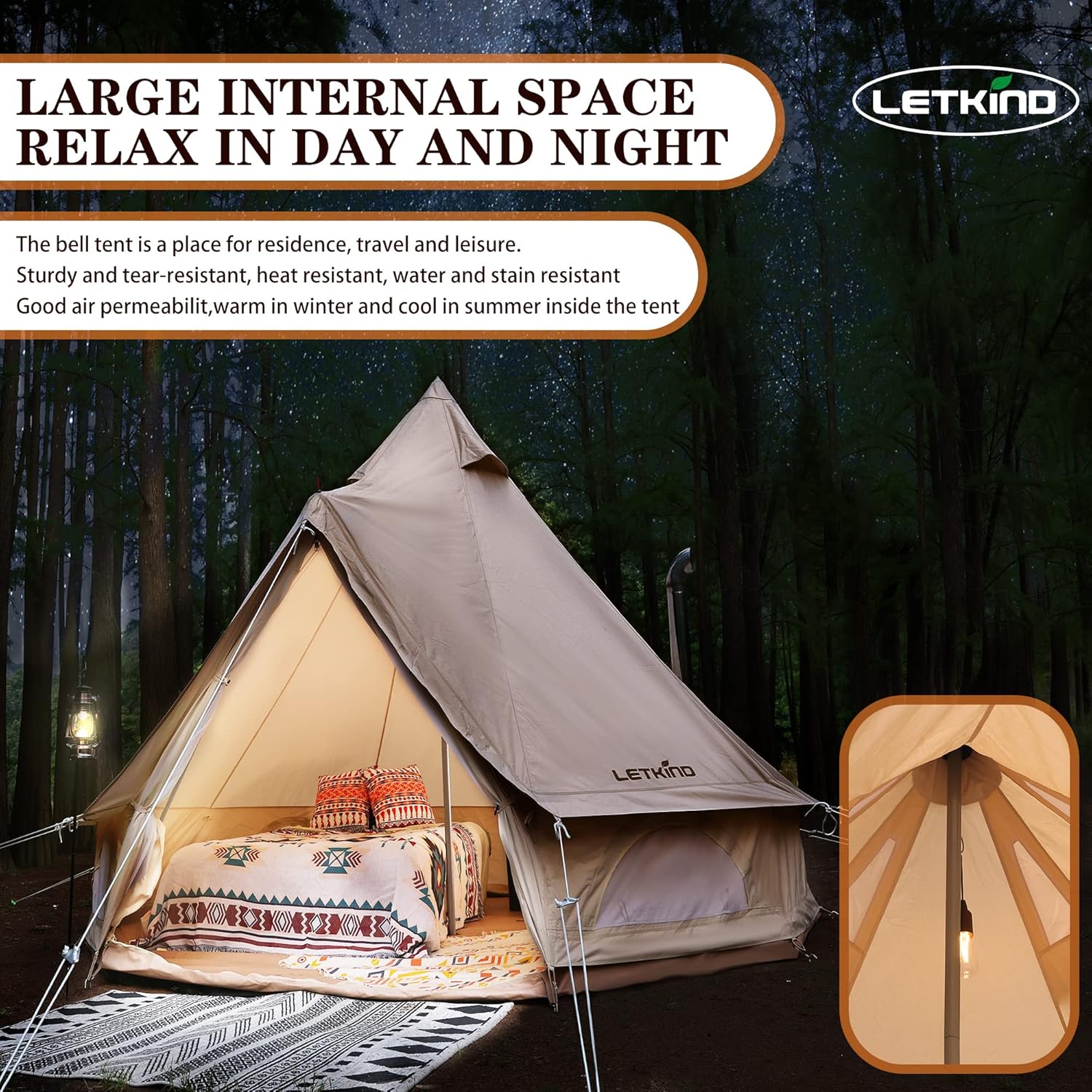 Canvas Tent with Stove Jack, 4 Season Waterproof Cotton Bell Tent B109749