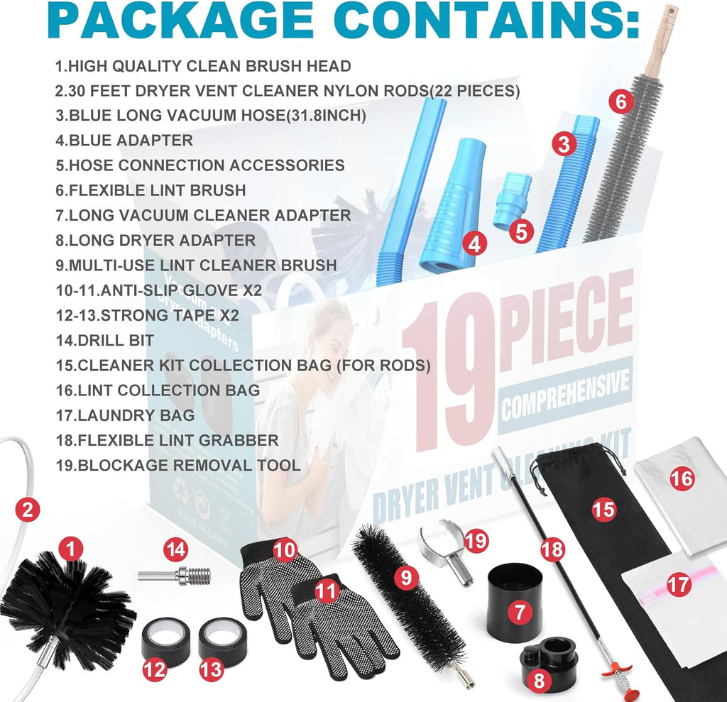 19-Piece Blue Dryer Vent Cleaner Kit with 30Feet Brush I18309