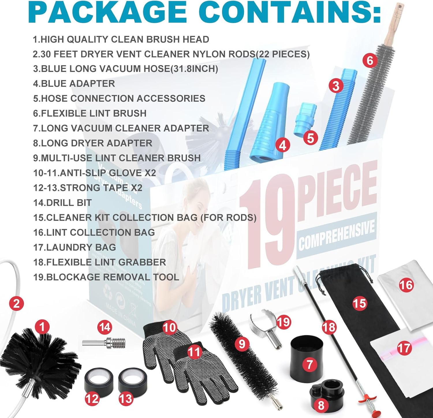 19-Piece Blue Dryer Vent Cleaner Kit with 30Feet Brush I18309
