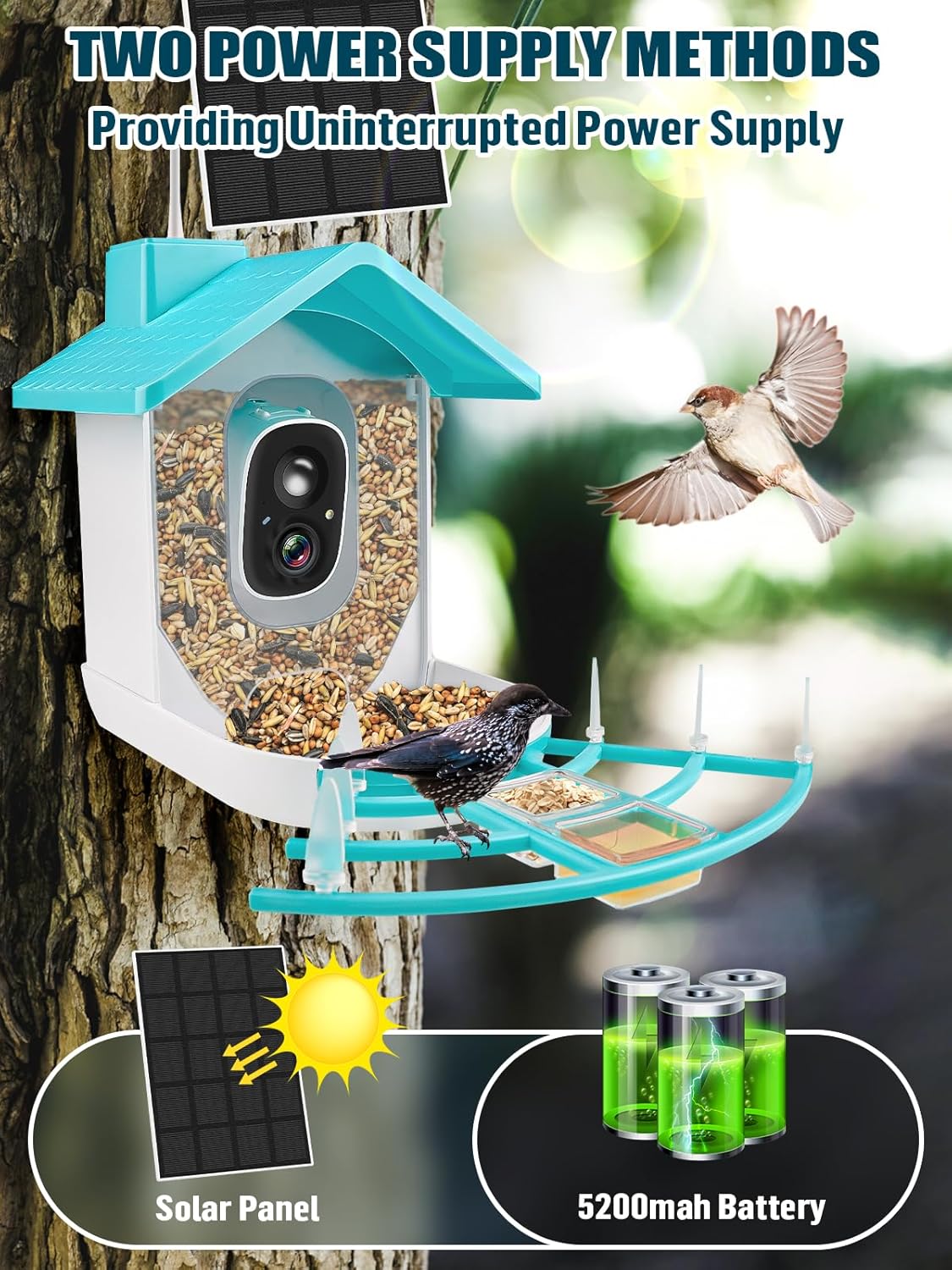 Smart Bird Feeder with Camera, Solar Powered Dual Charge 1080P HD Video AI Identify Bird Feeders L260428