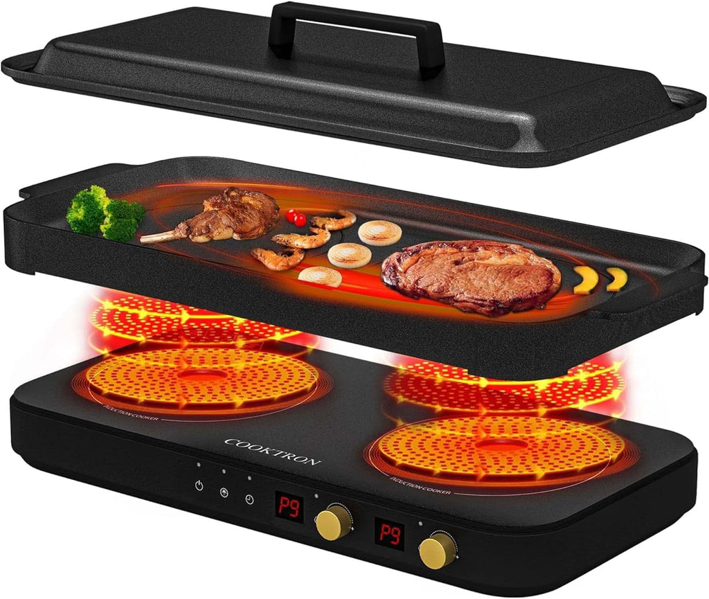 Induction Cooktop 2 Burner with Removable Iron Cast Griddle Pan Non-stick P8548