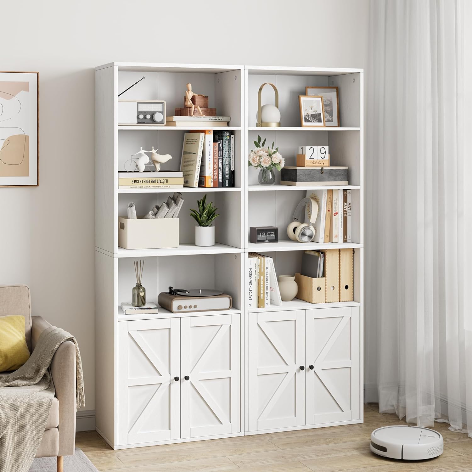 White 6 Shelf Wooden Bookcase with Doors Q8169