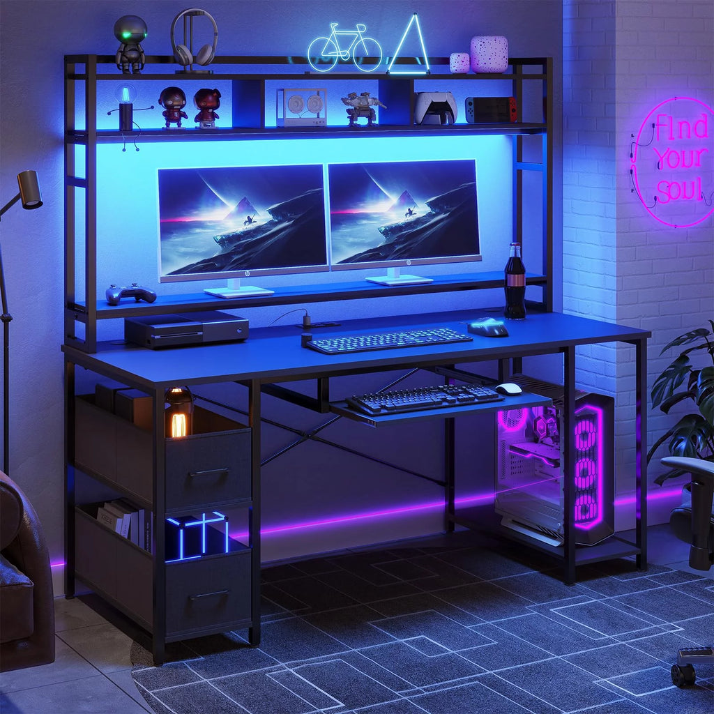 Black 55" Gaming Desk with Drawer and Monitor Stand W131712