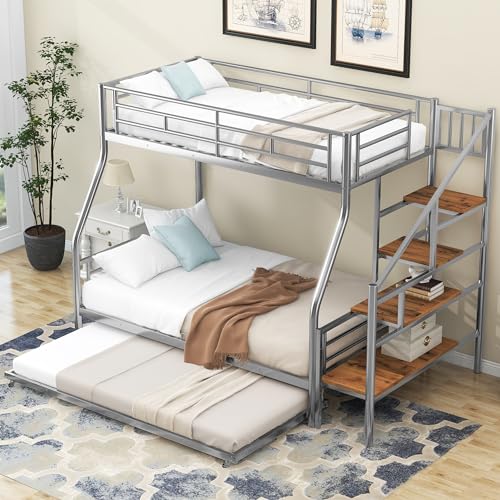 Silver Metal Twin Over Full Bunk Bed with Trundle and Stairs A1578