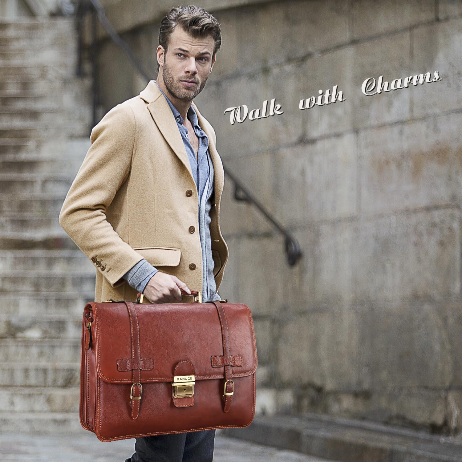 Vintage Genuine Full Grain Italian Leather Briefcase 14 Inch Laptop Bag Brown M910168