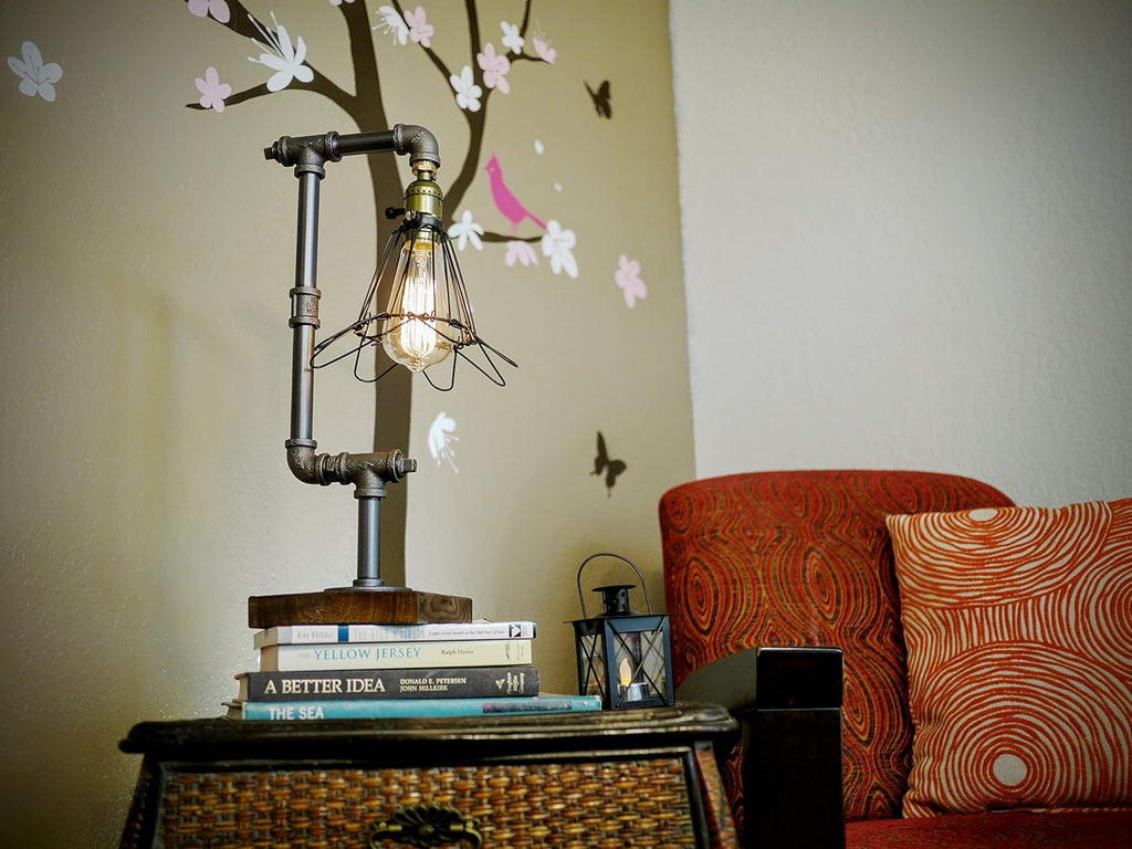 Steampunk Water Piping Desk Top Table Lamp Real Wood Base Edison Iron Retro Lamp E89466